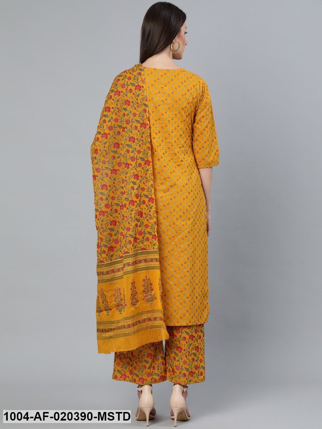 Mustard Printed Straight Kurta With Plazzo & Dupatta