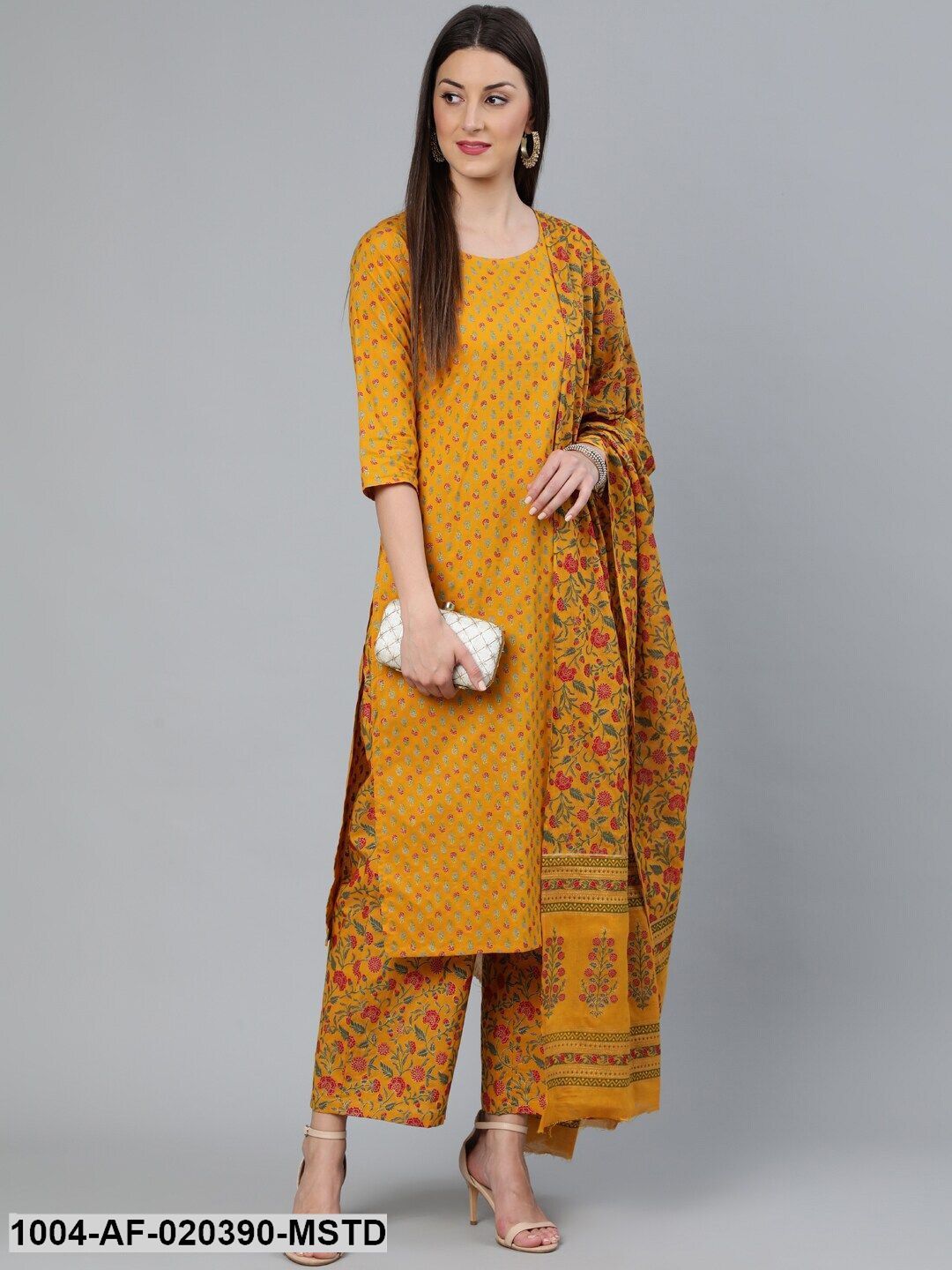 Mustard Printed Straight Kurta With Plazzo & Dupatta