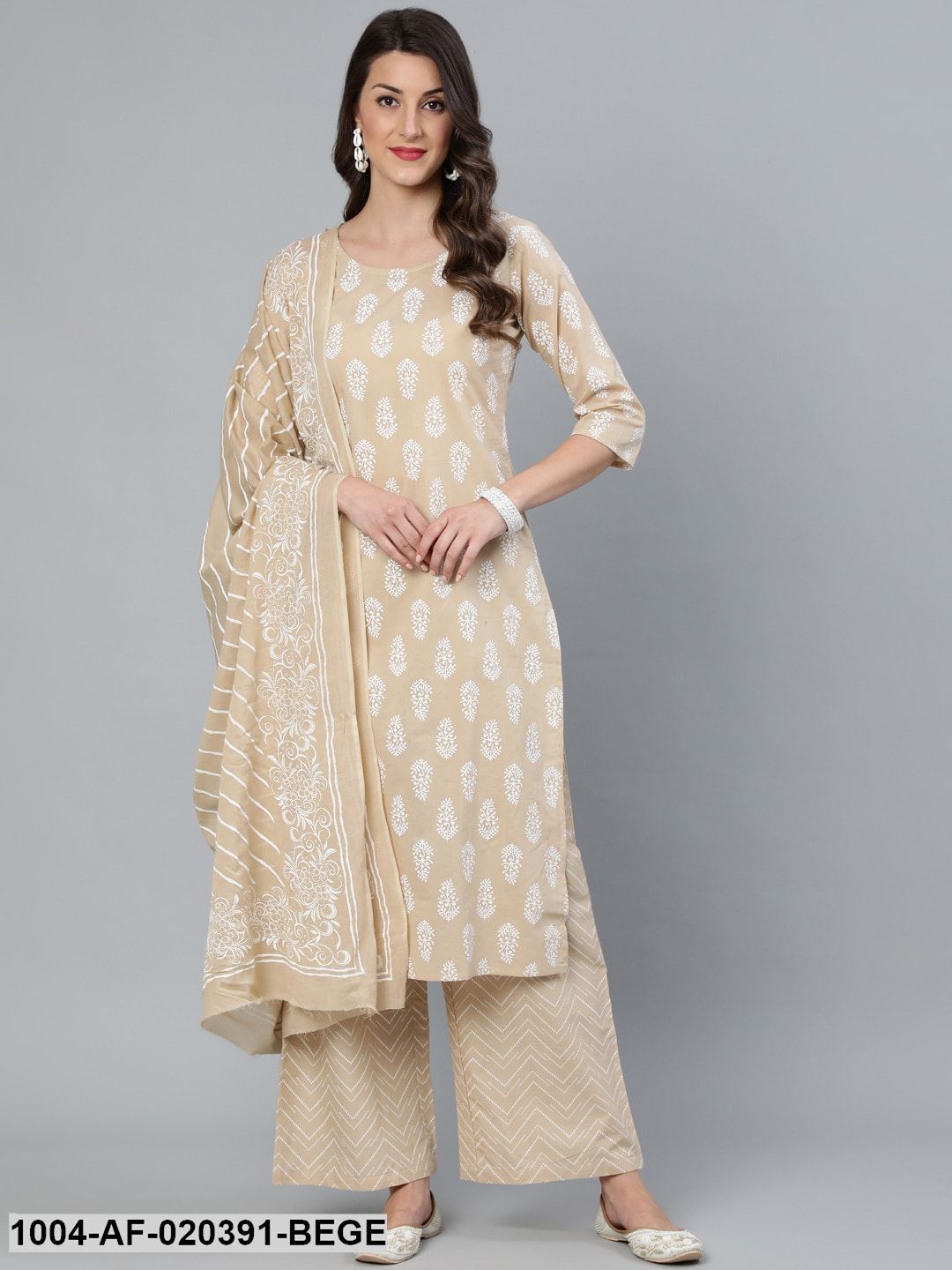 Beige Printed Straight Kurta With Plazo & Dupatta