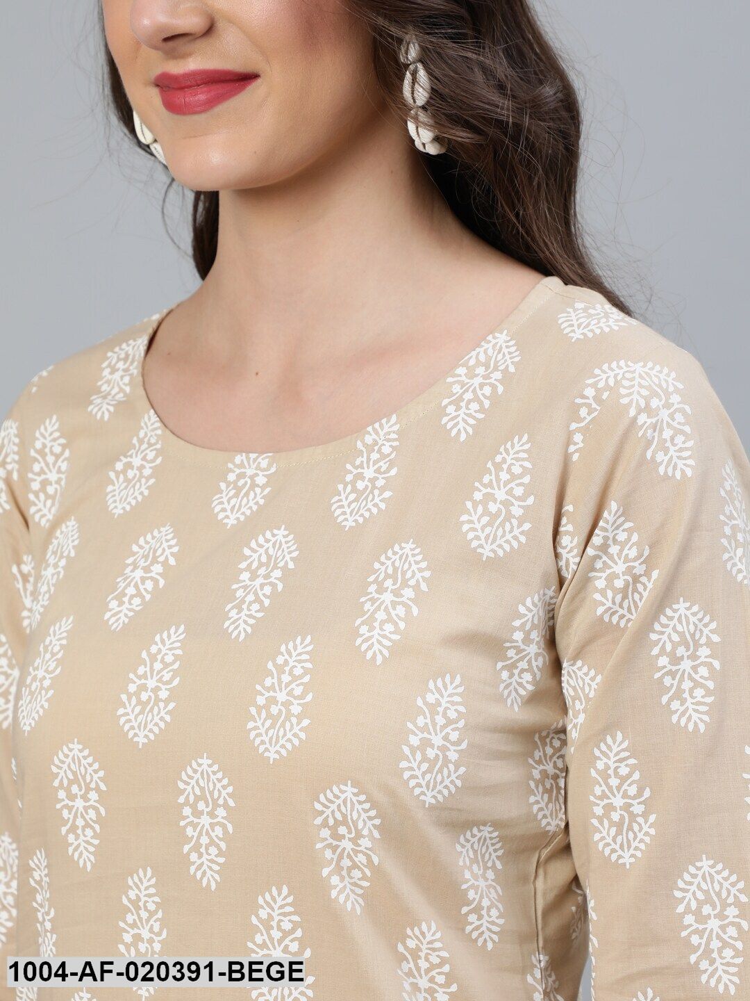 Beige Printed Straight Kurta With Plazo & Dupatta