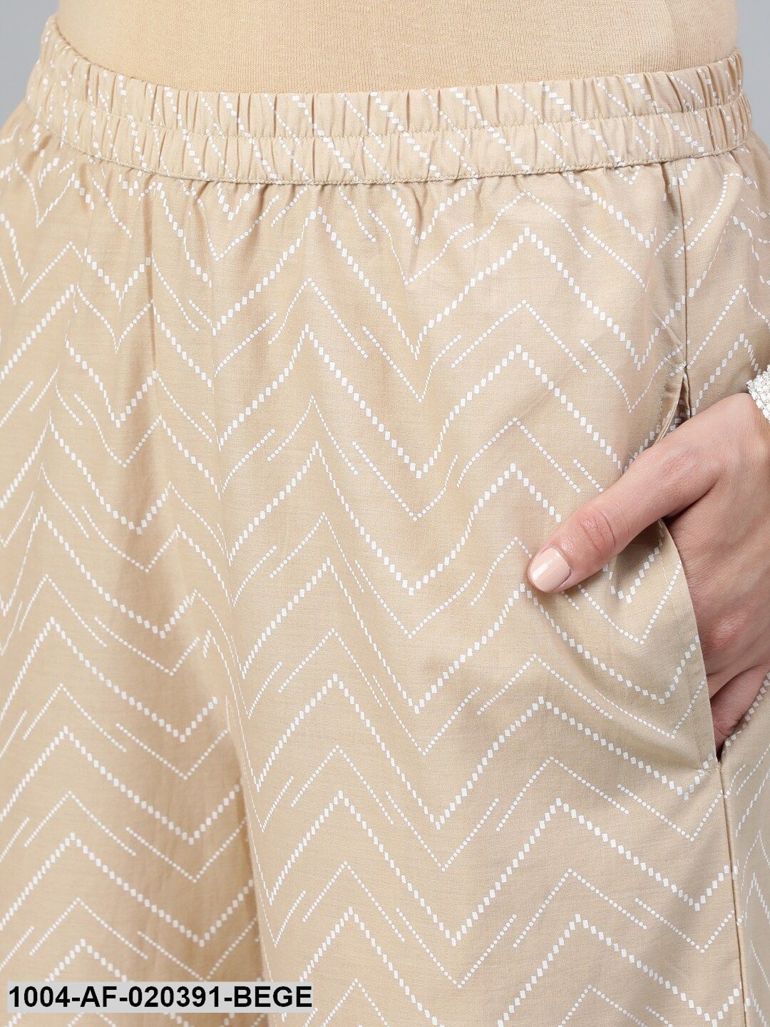 Beige Printed Straight Kurta With Plazo & Dupatta