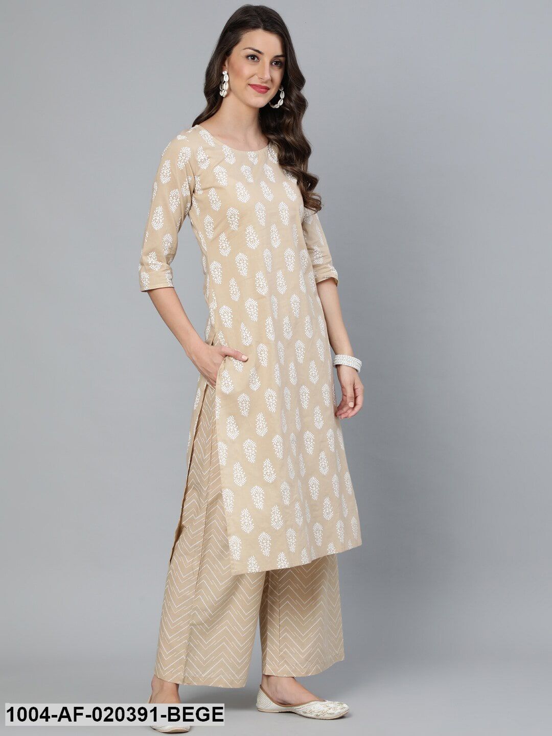 Beige Printed Straight Kurta With Plazo & Dupatta