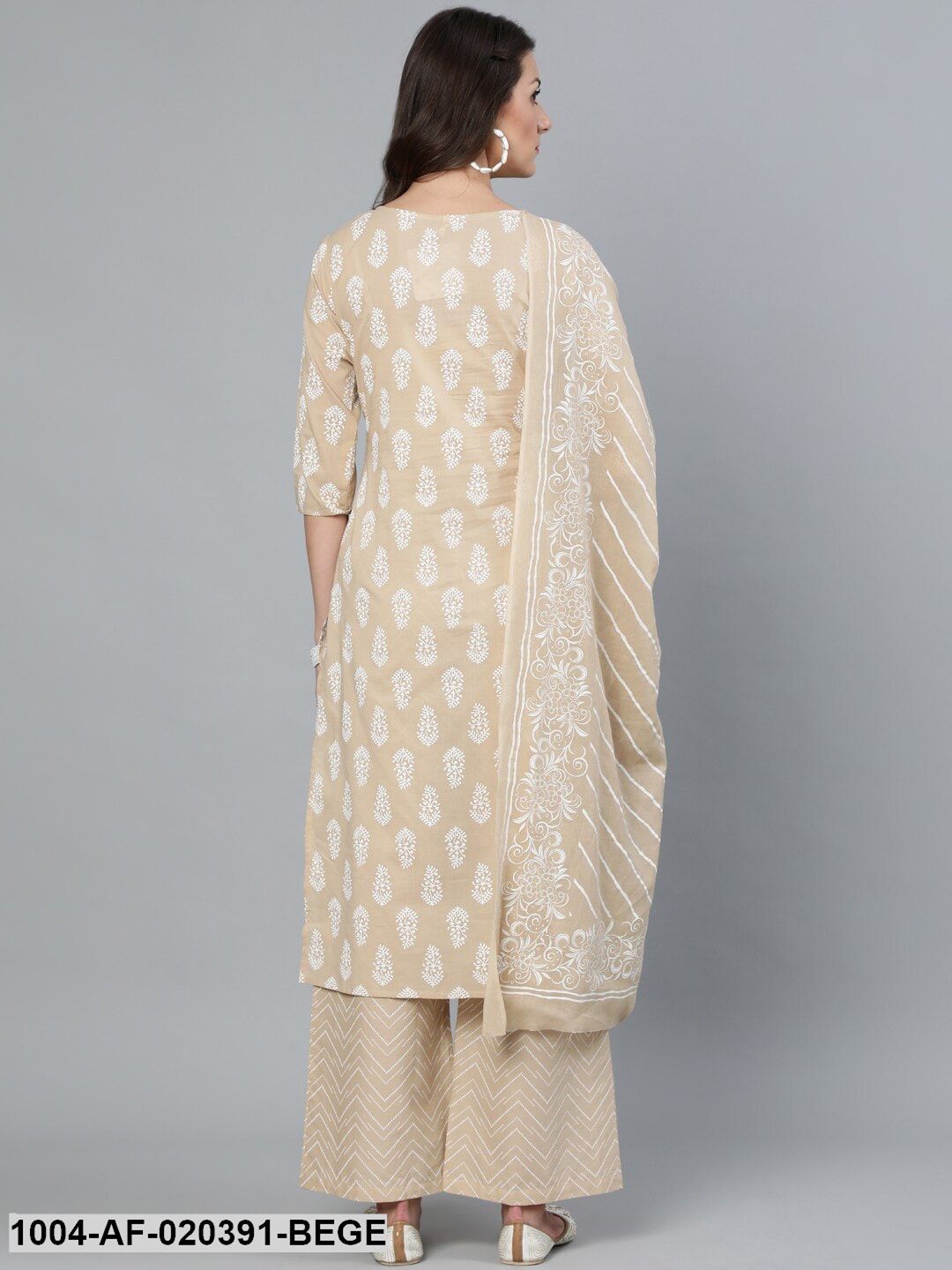 Beige Printed Straight Kurta With Plazo & Dupatta