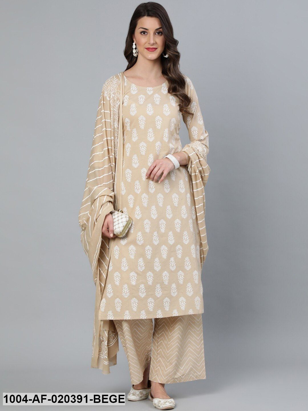 Beige Printed Straight Kurta With Plazo & Dupatta