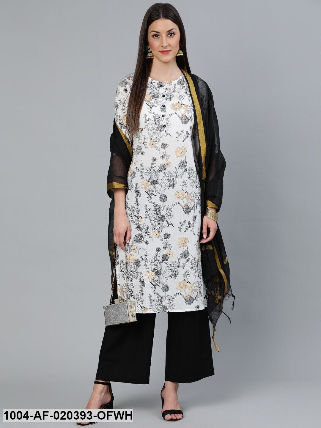 Off-White Printed Straight Kurta With Plazzo & Dupatta