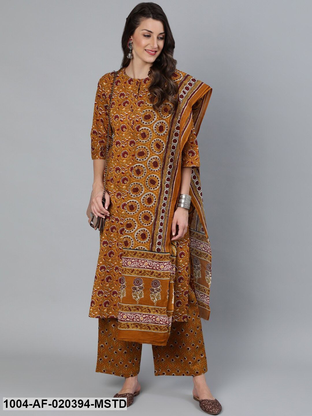 Mustard Floral Printed Regular Straight Pure Cotton Kurta with Palazzos &