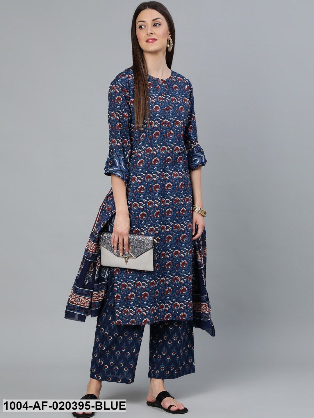 Blue Printed Straight Kurta Wiith Plazo & Dupatta