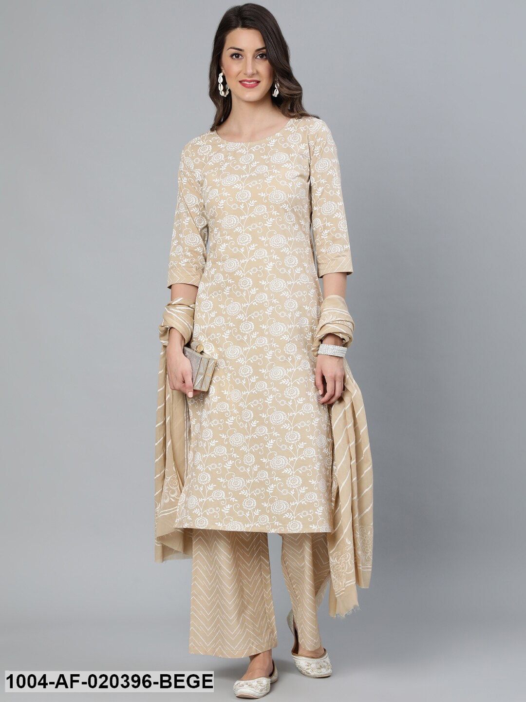 Beige Floral Printed Straight Kurta With Plazo & Dupatta