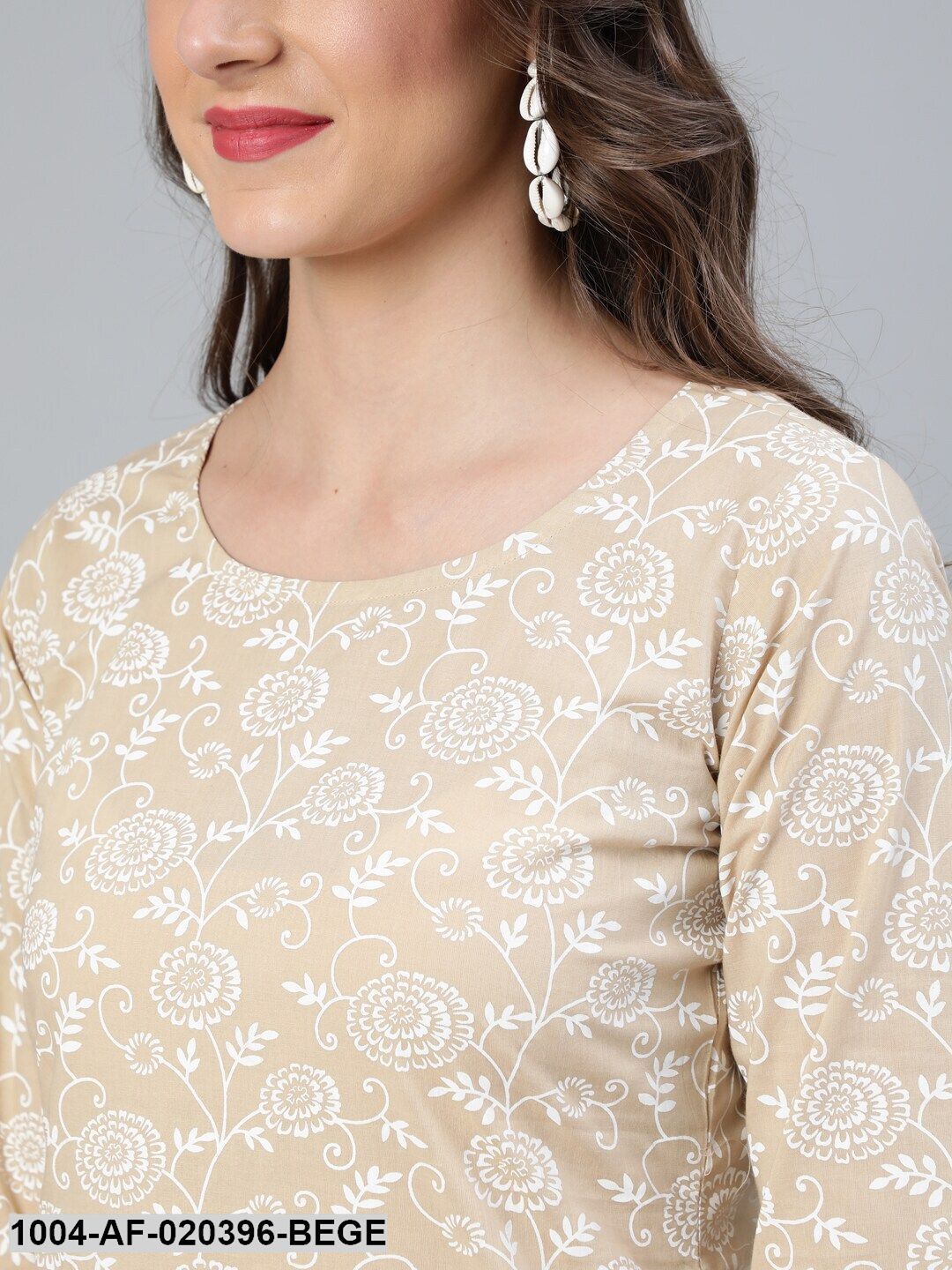Beige Floral Printed Straight Kurta With Plazo & Dupatta