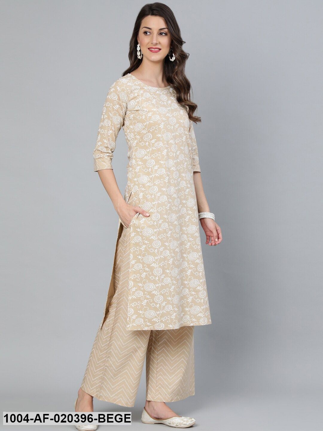 Beige Floral Printed Straight Kurta With Plazo & Dupatta