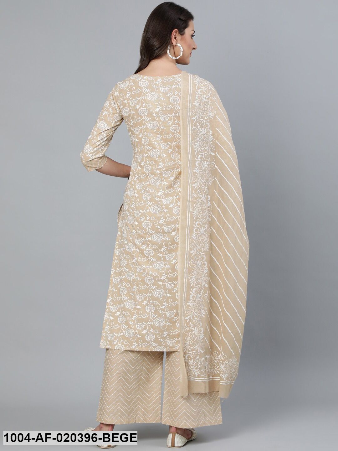 Beige Floral Printed Straight Kurta With Plazo & Dupatta