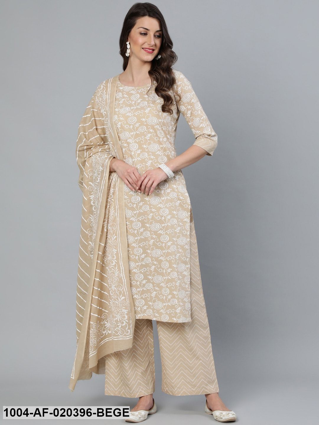Beige Floral Printed Straight Kurta With Plazo & Dupatta