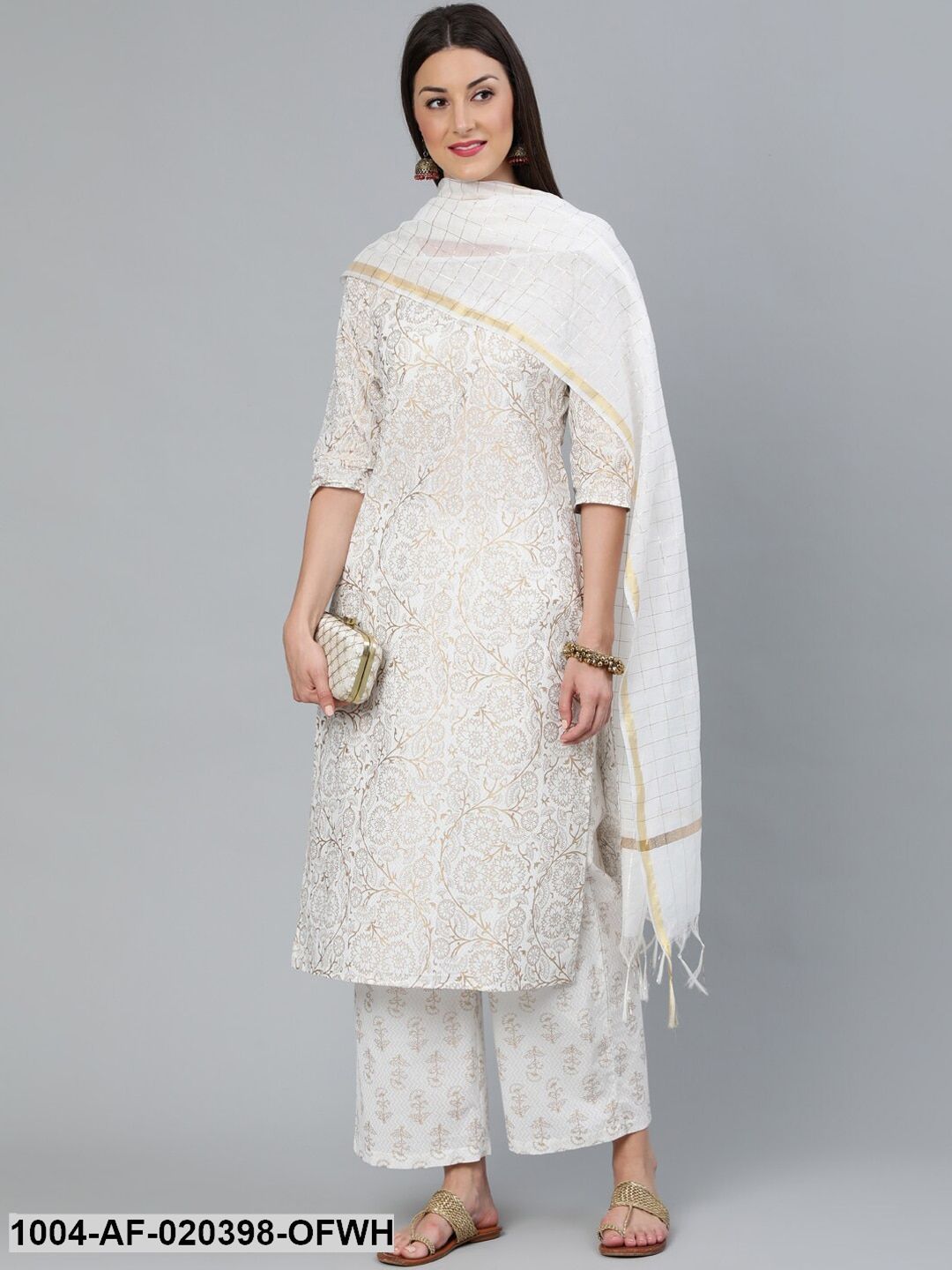 Off-White Printed Straight Kurta With Plazzo & Dupatta