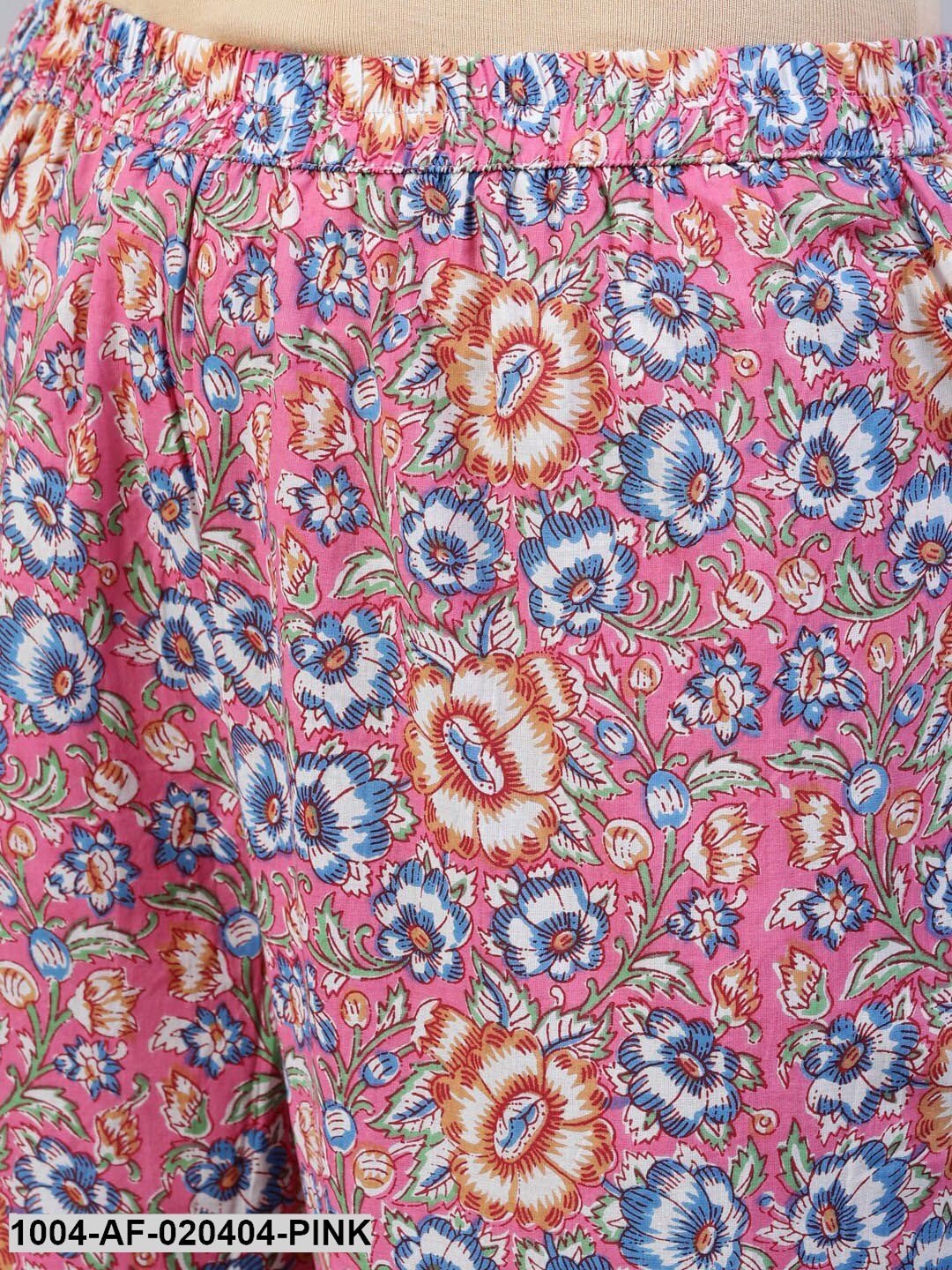 Pink & Off-White Floral Screen Print A-Line Pure Cotton Kurta Set With Dupatta