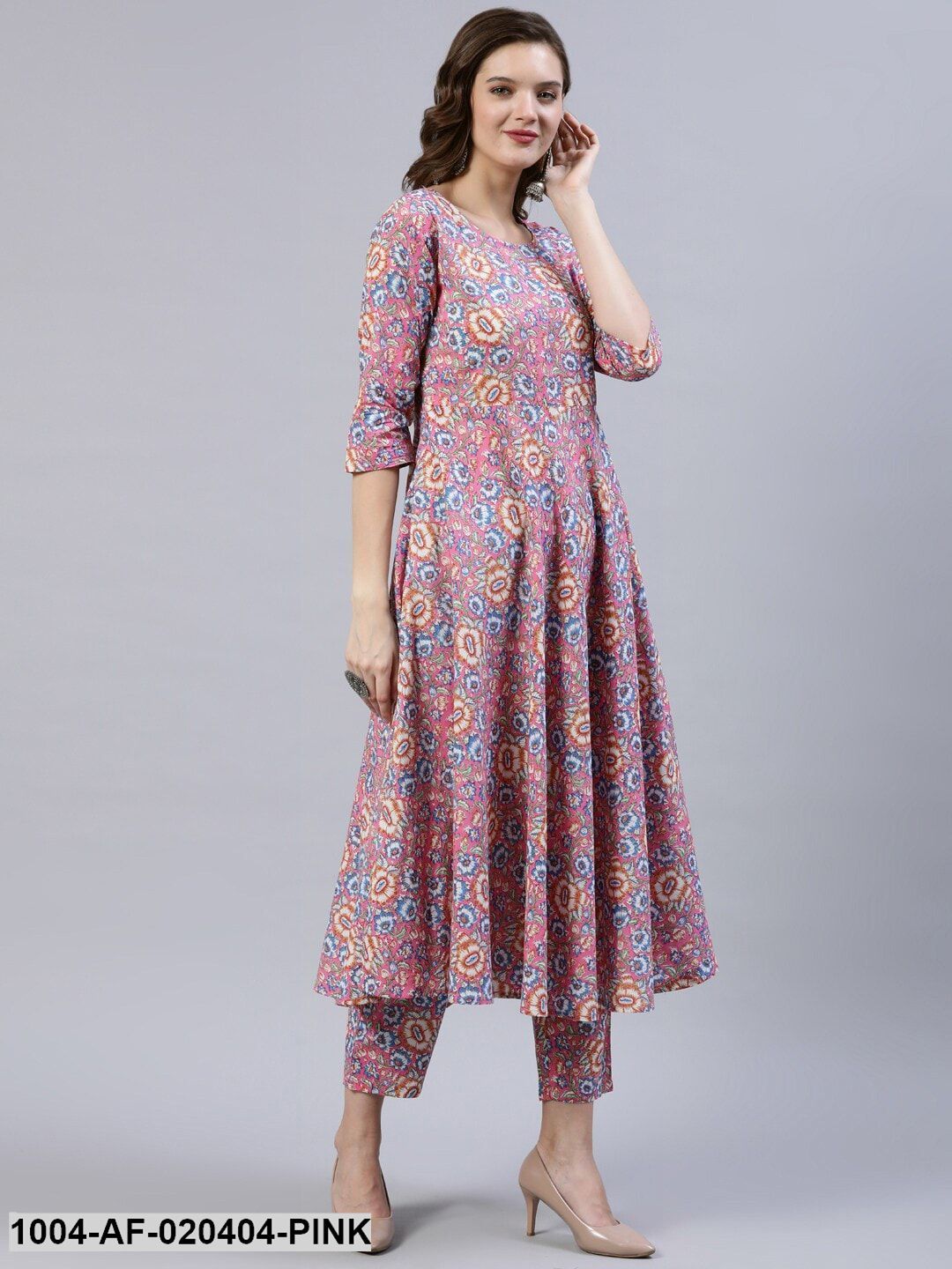 Pink & Off-White Floral Screen Print A-Line Pure Cotton Kurta Set With Dupatta