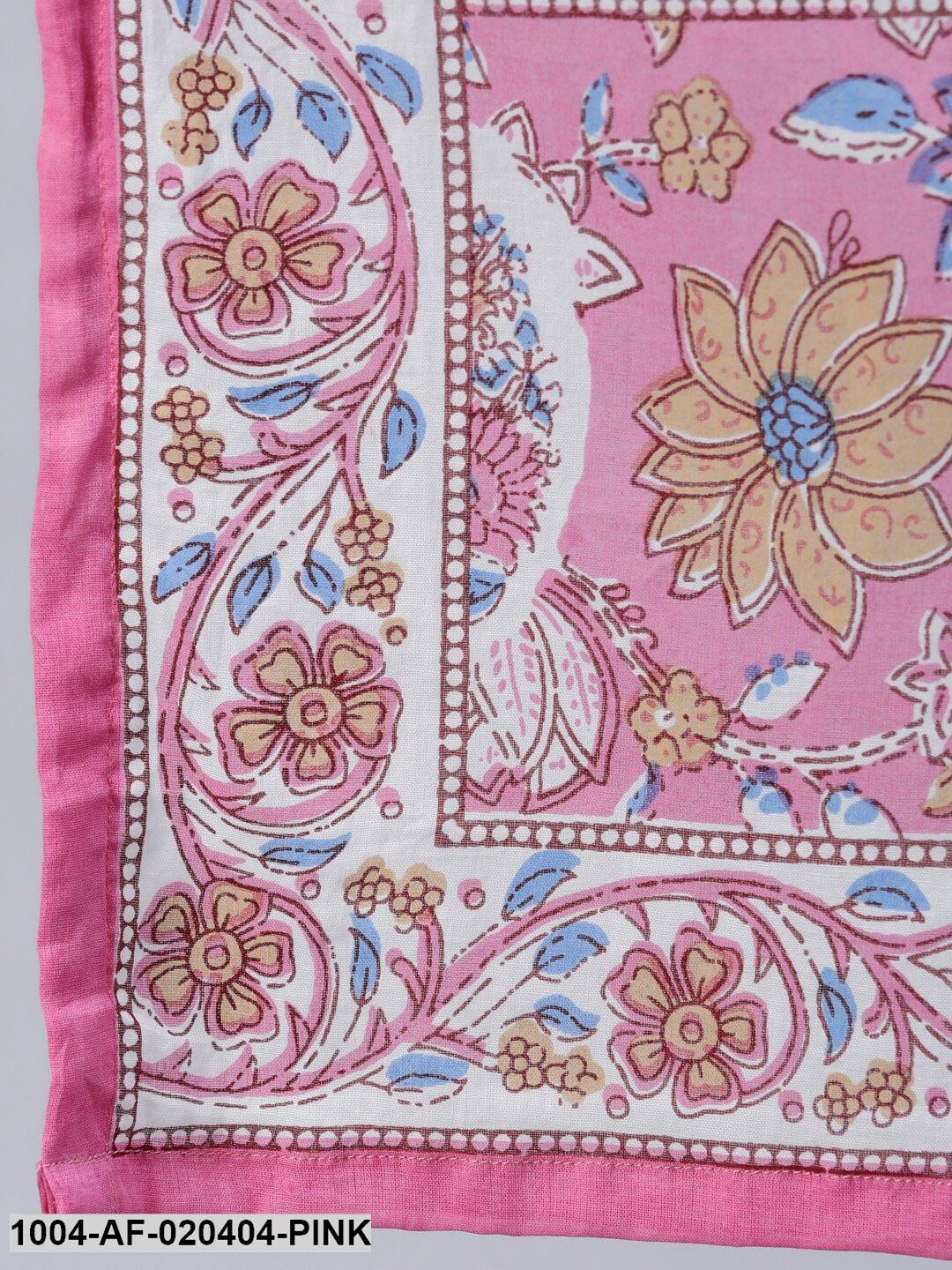 Pink & Off-White Floral Screen Print A-Line Pure Cotton Kurta Set With Dupatta