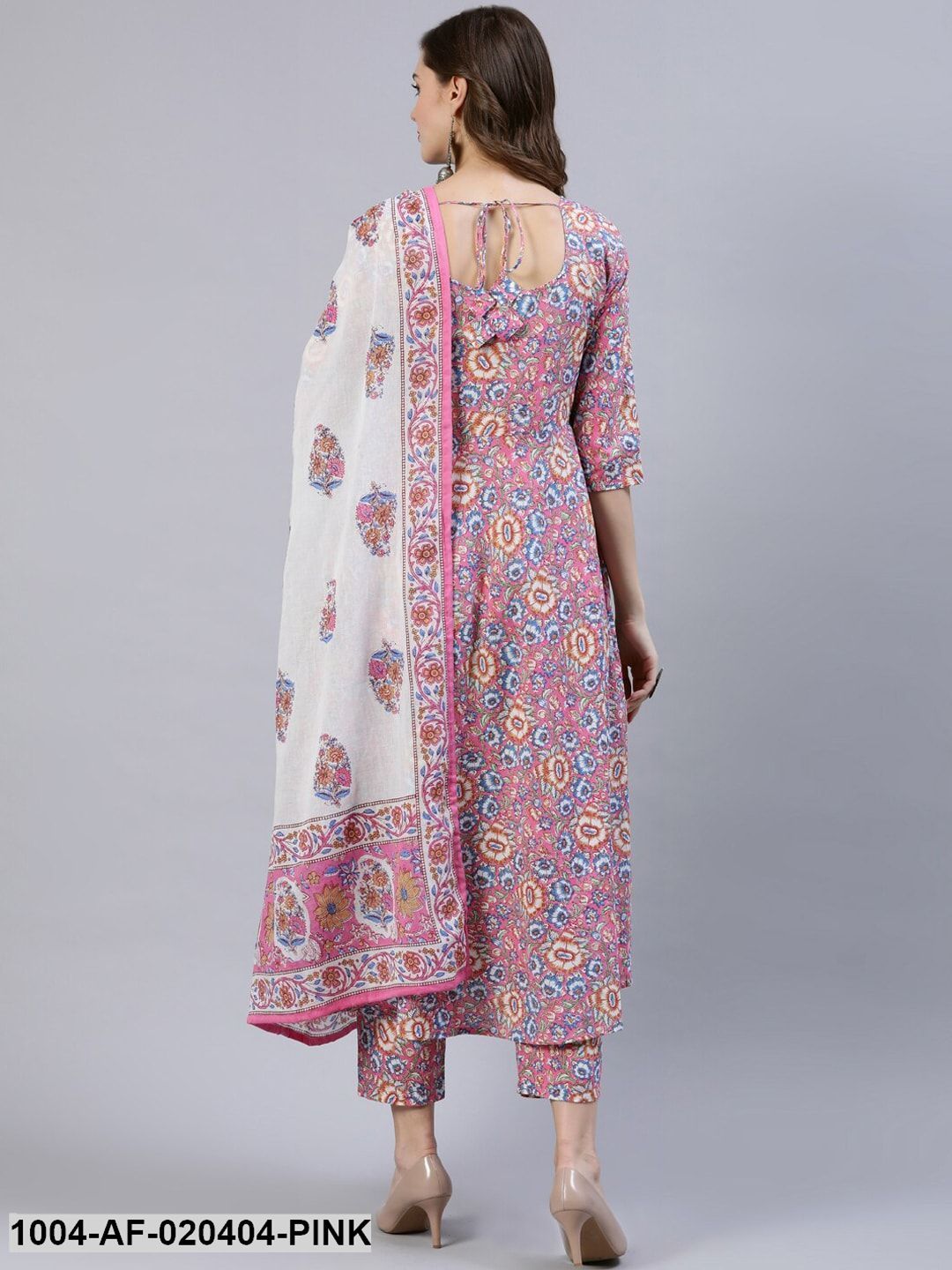 Pink & Off-White Floral Screen Print A-Line Pure Cotton Kurta Set With Dupatta