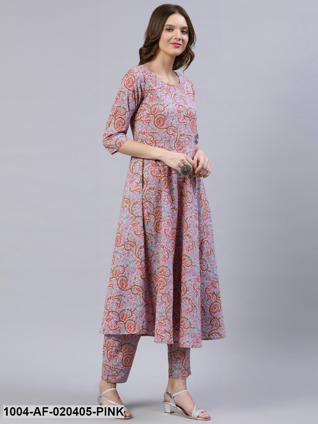 Pink & Red Floral Screen Print A-Line Pure Cotton Kurta Set With Dupatta