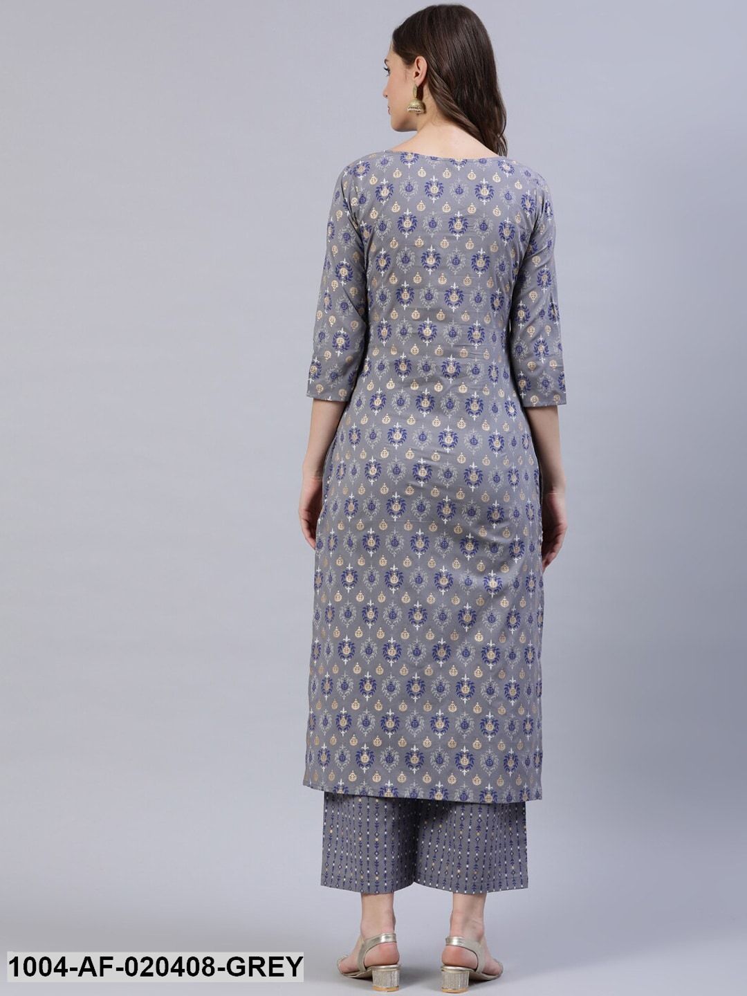 Grey & Navy Blue Floral Khari Print Straight Keyhole Neck Pure Cotton Kurta Set