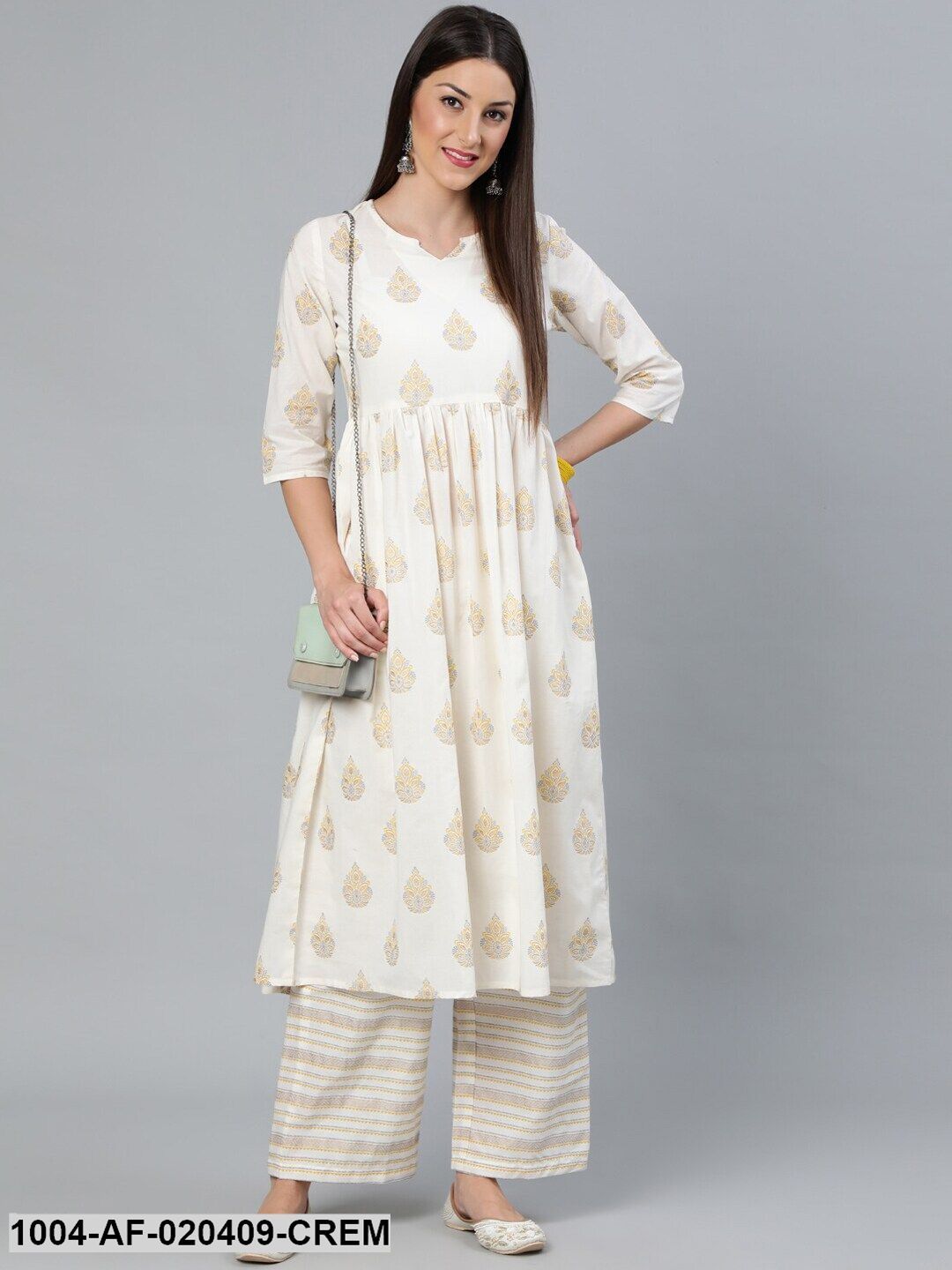Cream-Coloured Printed Gathered Kurta With Plazzo