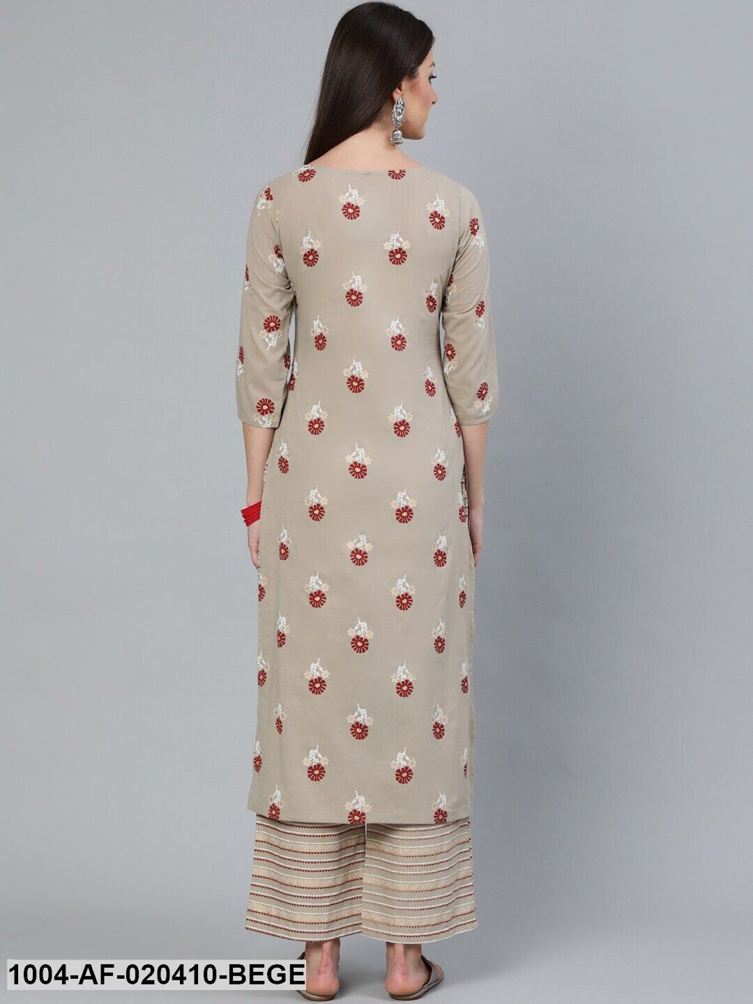 Beige & Maroon Floral Print Straight Pure Cotton Kurta & Trousers
