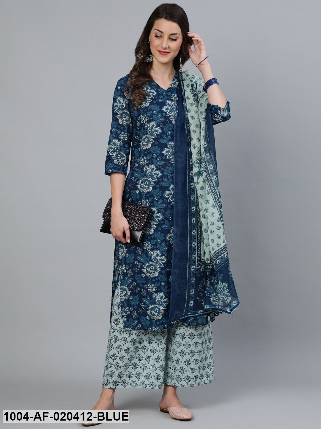 Blue Printed Straight Kurta With Plazzo & Dupatta
