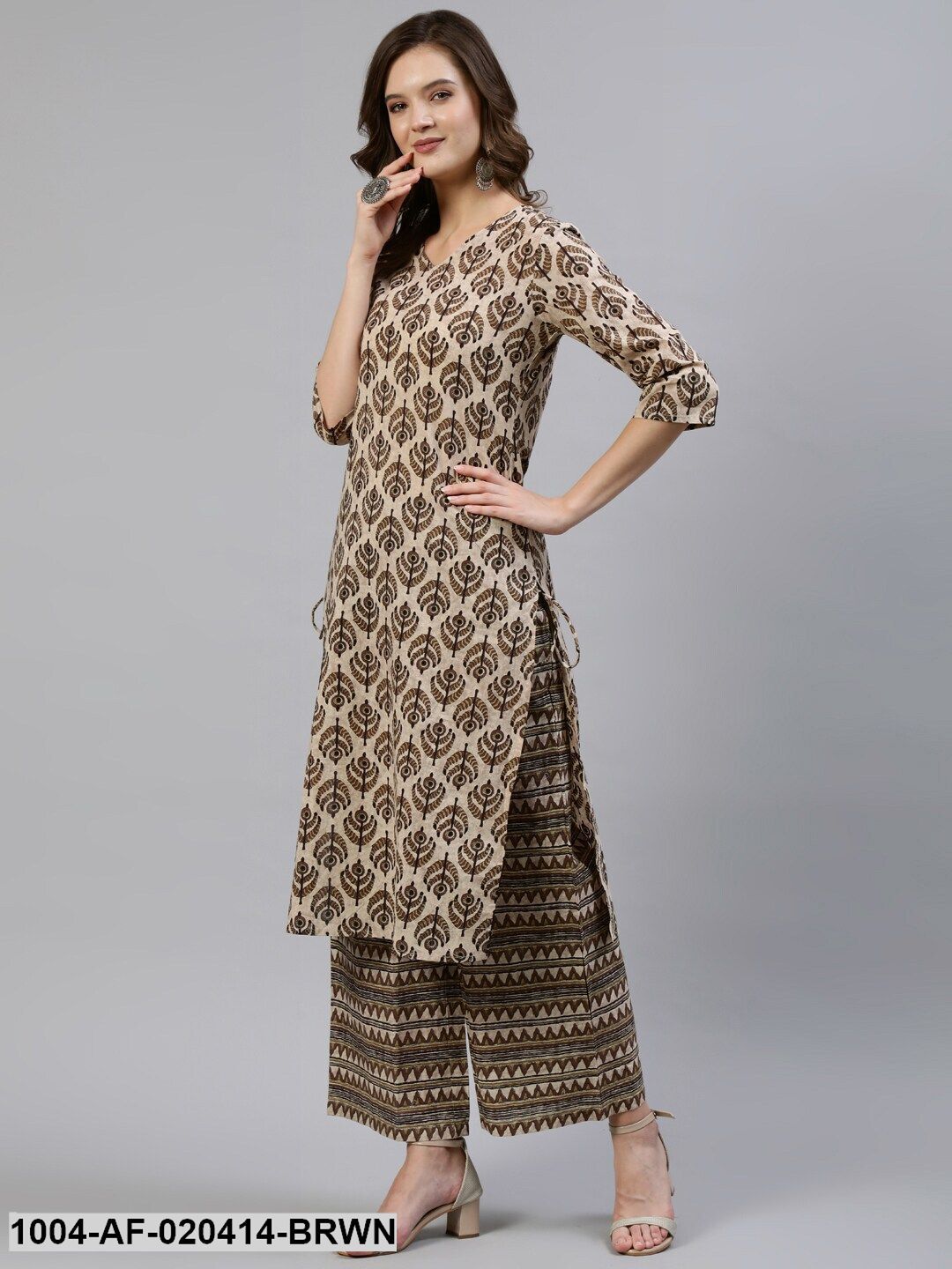 Brown & Beige Screen Print Straight Pure Cotton Kurta Set With Dupatta