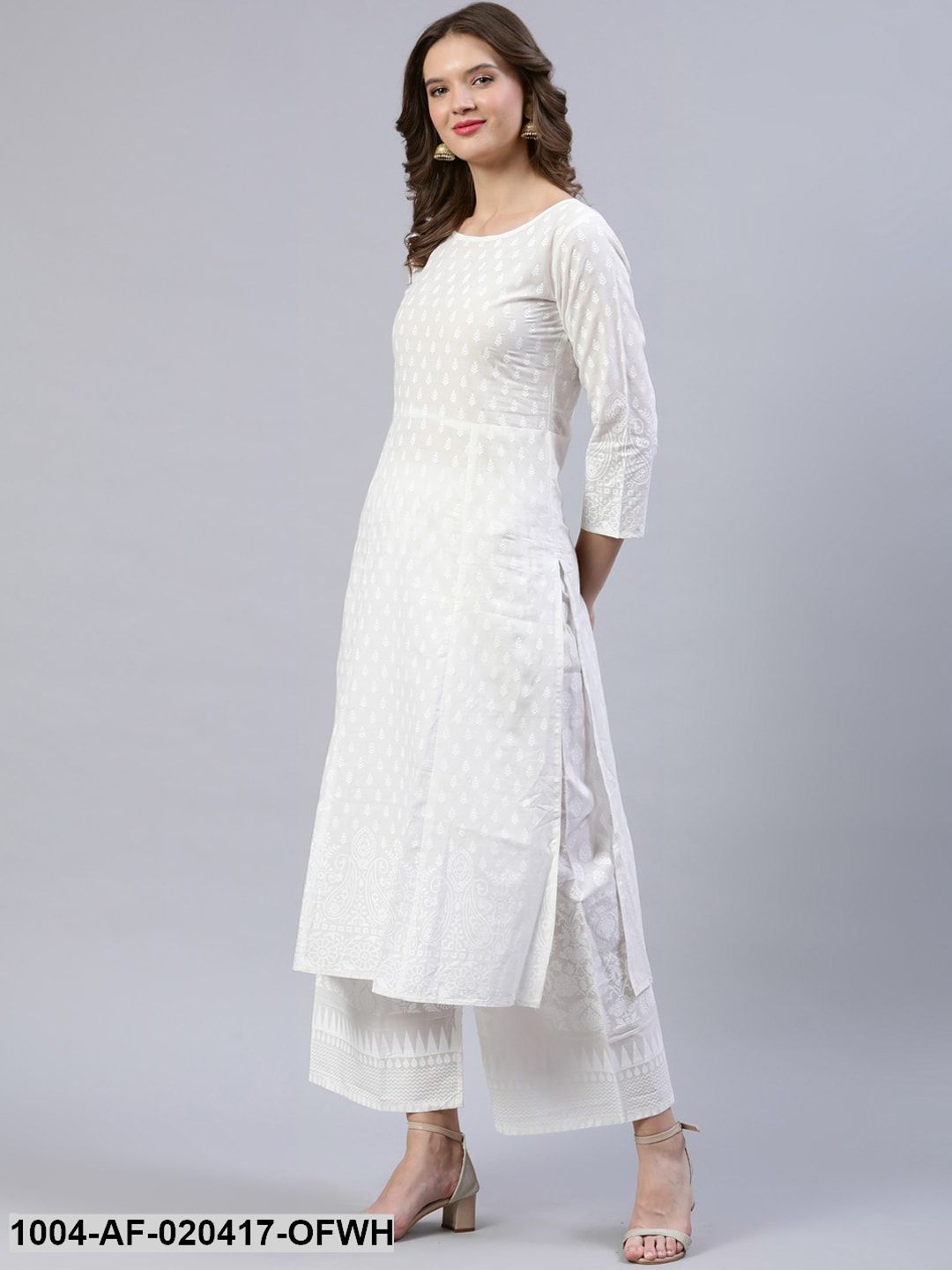 Off White & Red Screen Print A-Line Pure Cotton Kurta & Palazzos With Dupatta