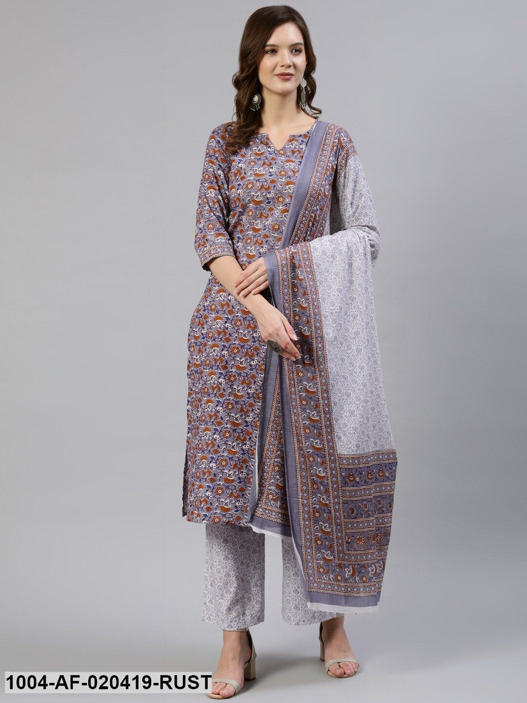 Rust Orange & Lavender Screen Print Straight Pure Cotton Kurta Set With Dupatta