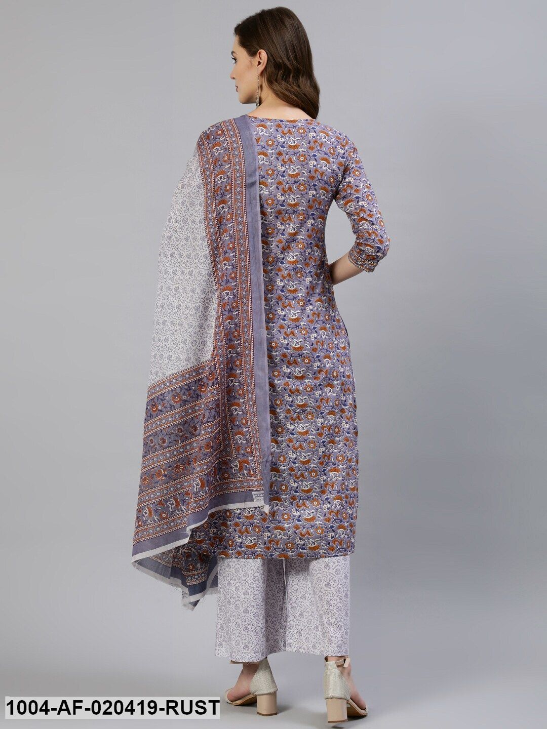 Rust Orange & Lavender Screen Print Straight Pure Cotton Kurta Set With Dupatta