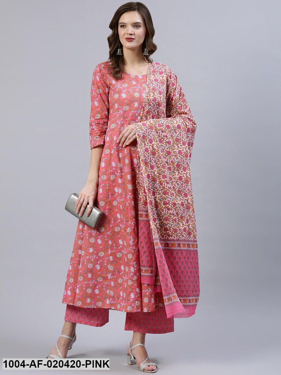 Pink & Orange Floral Screen Print A-Line Pure Cotton Kurta Set With Dupatta