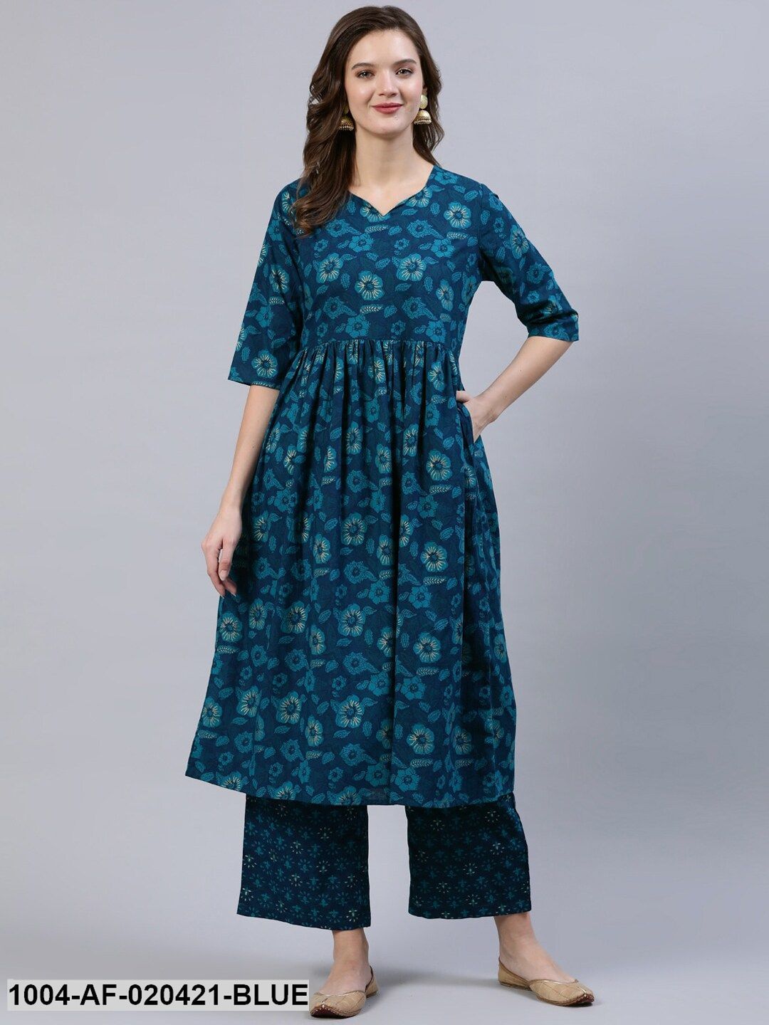 Blue Floral Screen Print A-Line Pure Cotton Kurta & Palazzos