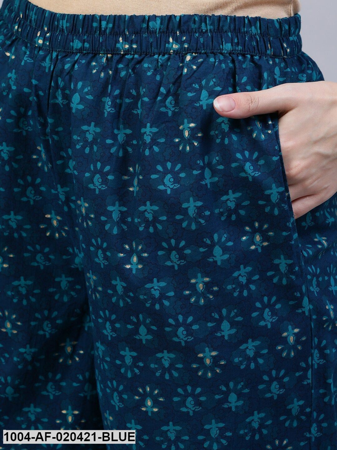 Blue Floral Screen Print A-Line Pure Cotton Kurta & Palazzos