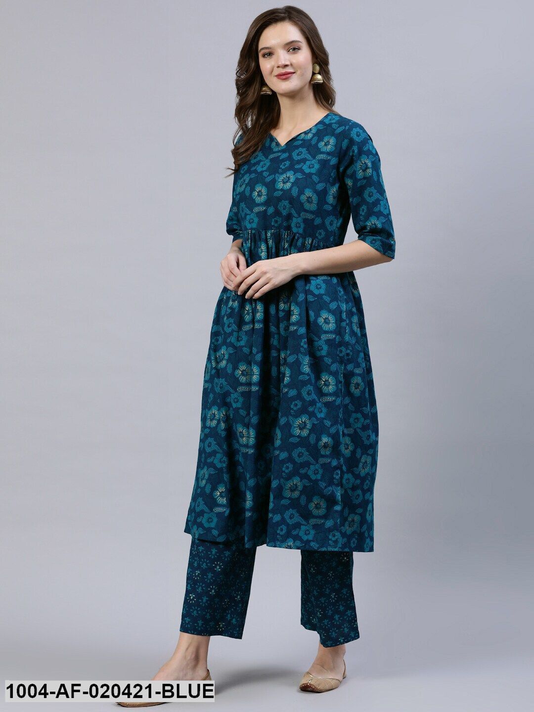 Blue Floral Screen Print A-Line Pure Cotton Kurta & Palazzos