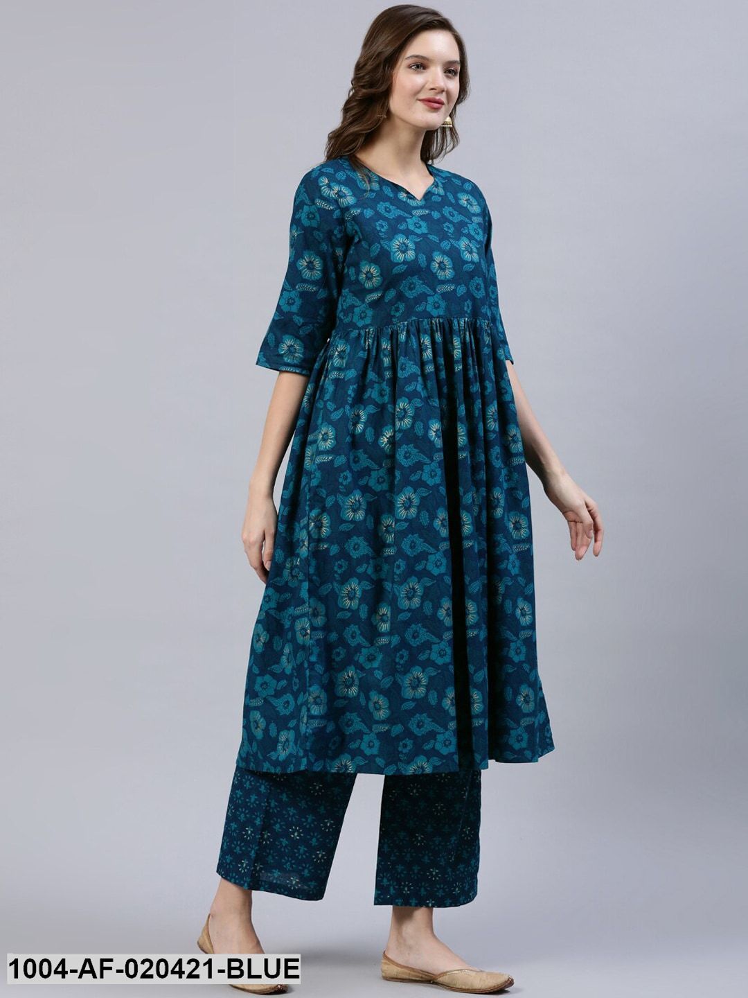 Blue Floral Screen Print A-Line Pure Cotton Kurta & Palazzos