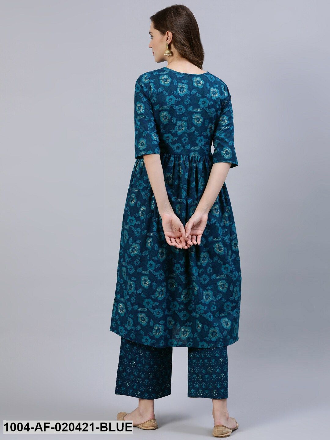 Blue Floral Screen Print A-Line Pure Cotton Kurta & Palazzos