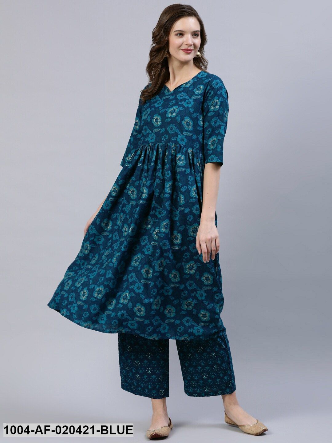 Blue Floral Screen Print A-Line Pure Cotton Kurta & Palazzos