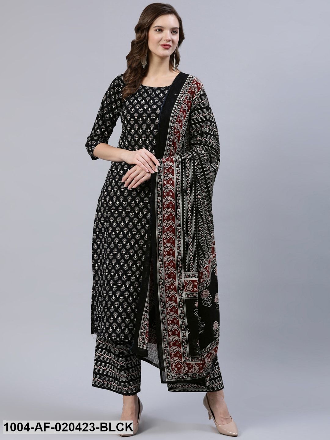 Black & Beige Screen Print Straight Pure Cotton Kurta Set With Dupatta