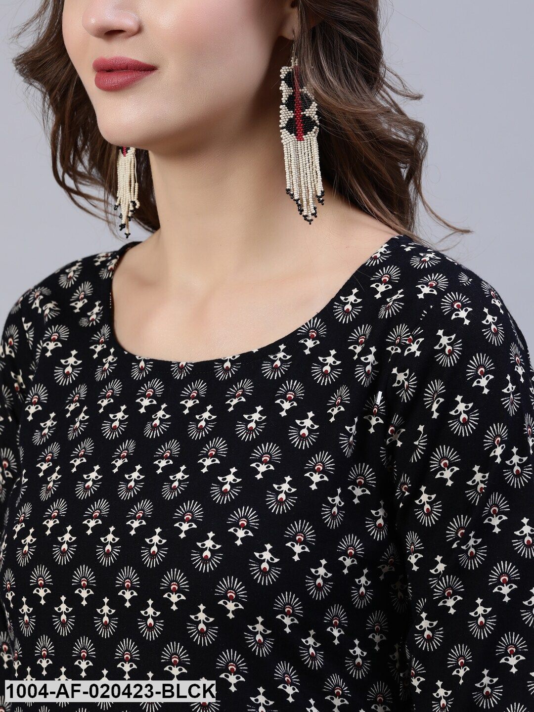 Black & Beige Screen Print Straight Pure Cotton Kurta Set With Dupatta