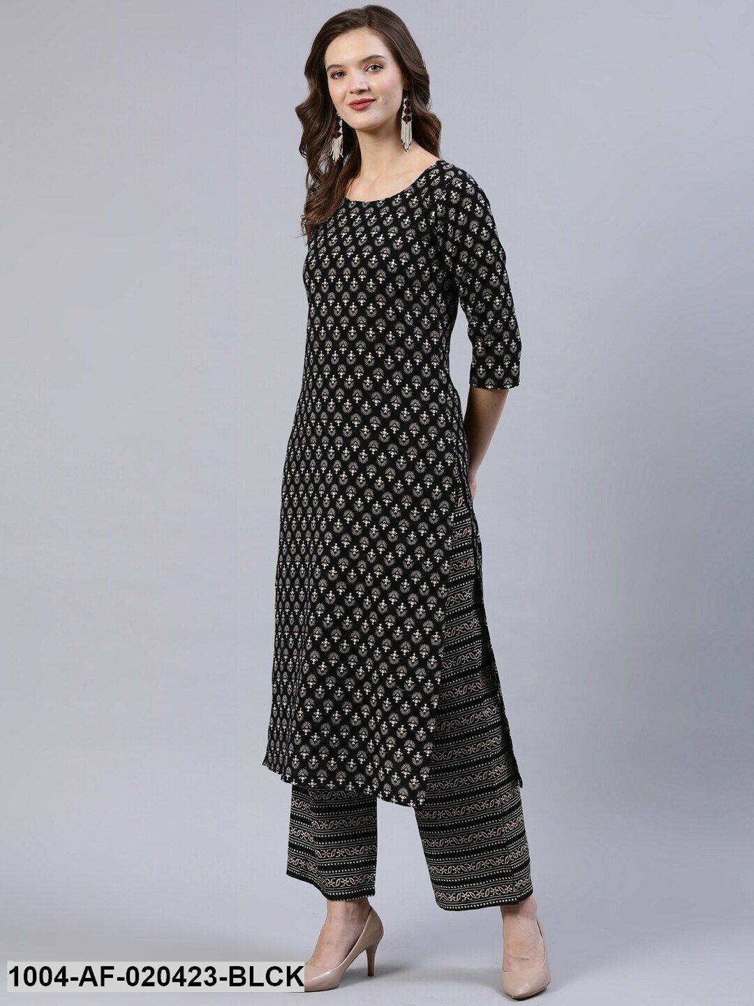 Black & Beige Screen Print Straight Pure Cotton Kurta Set With Dupatta