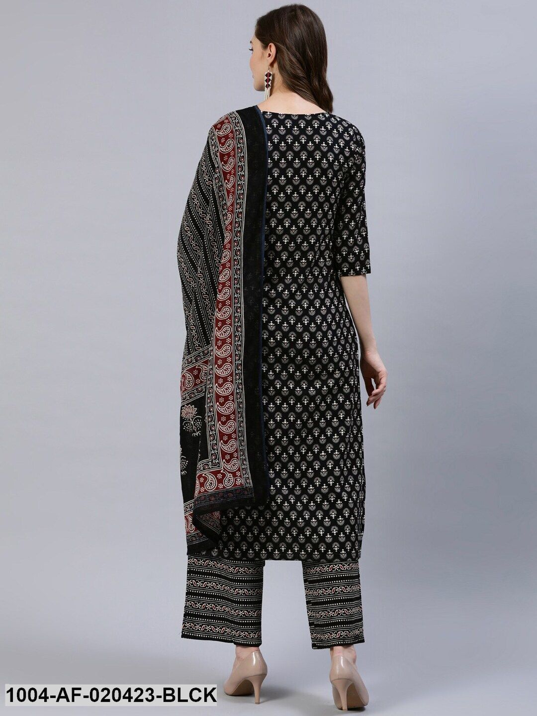 Black & Beige Screen Print Straight Pure Cotton Kurta Set With Dupatta