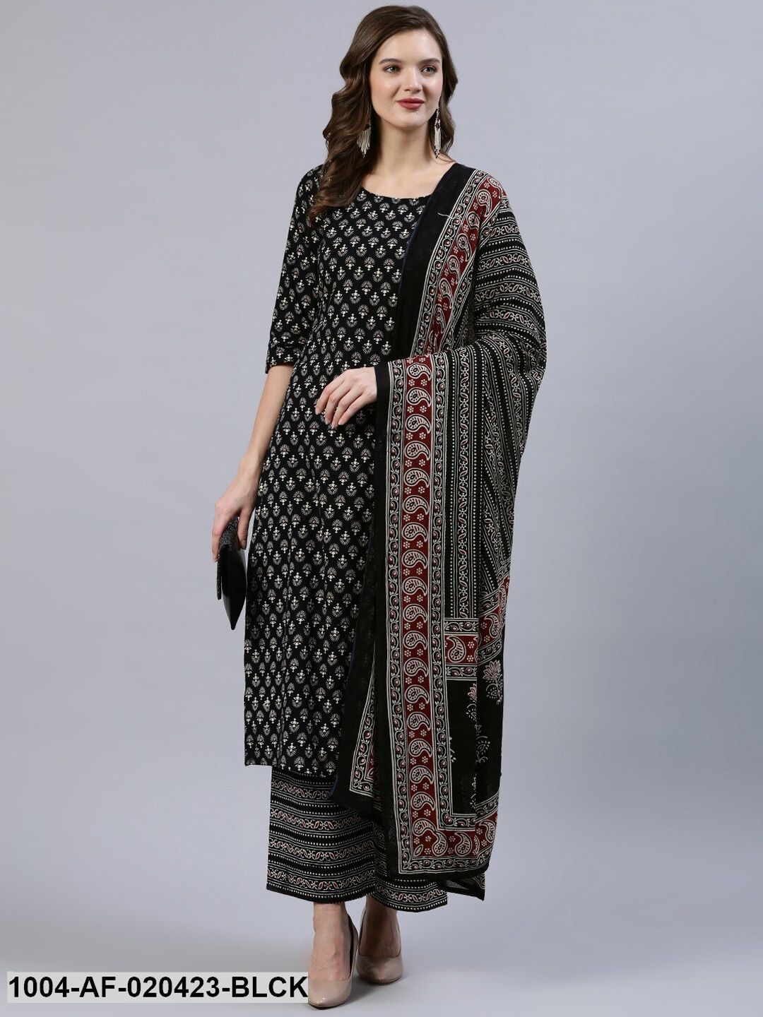 Black & Beige Screen Print Straight Pure Cotton Kurta Set With Dupatta