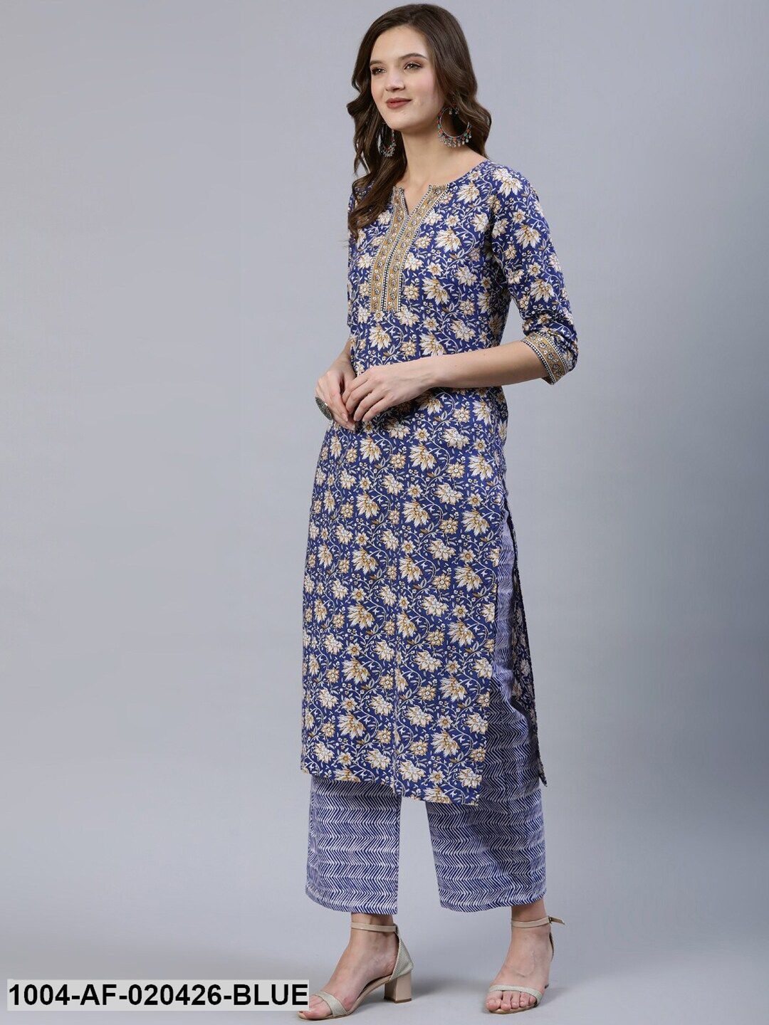 Blue & Yellow Screen Print Straight Pure Cotton Kurta & Palazzos With Dupatta