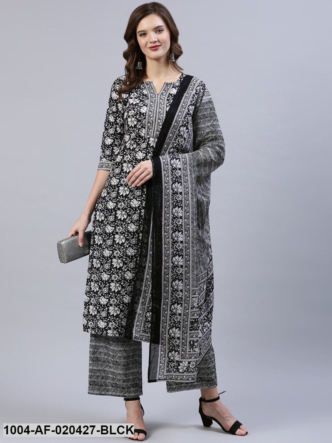Black & White Straight Screen Print Pure Cotton Kurta & Palazzos With Dupatta