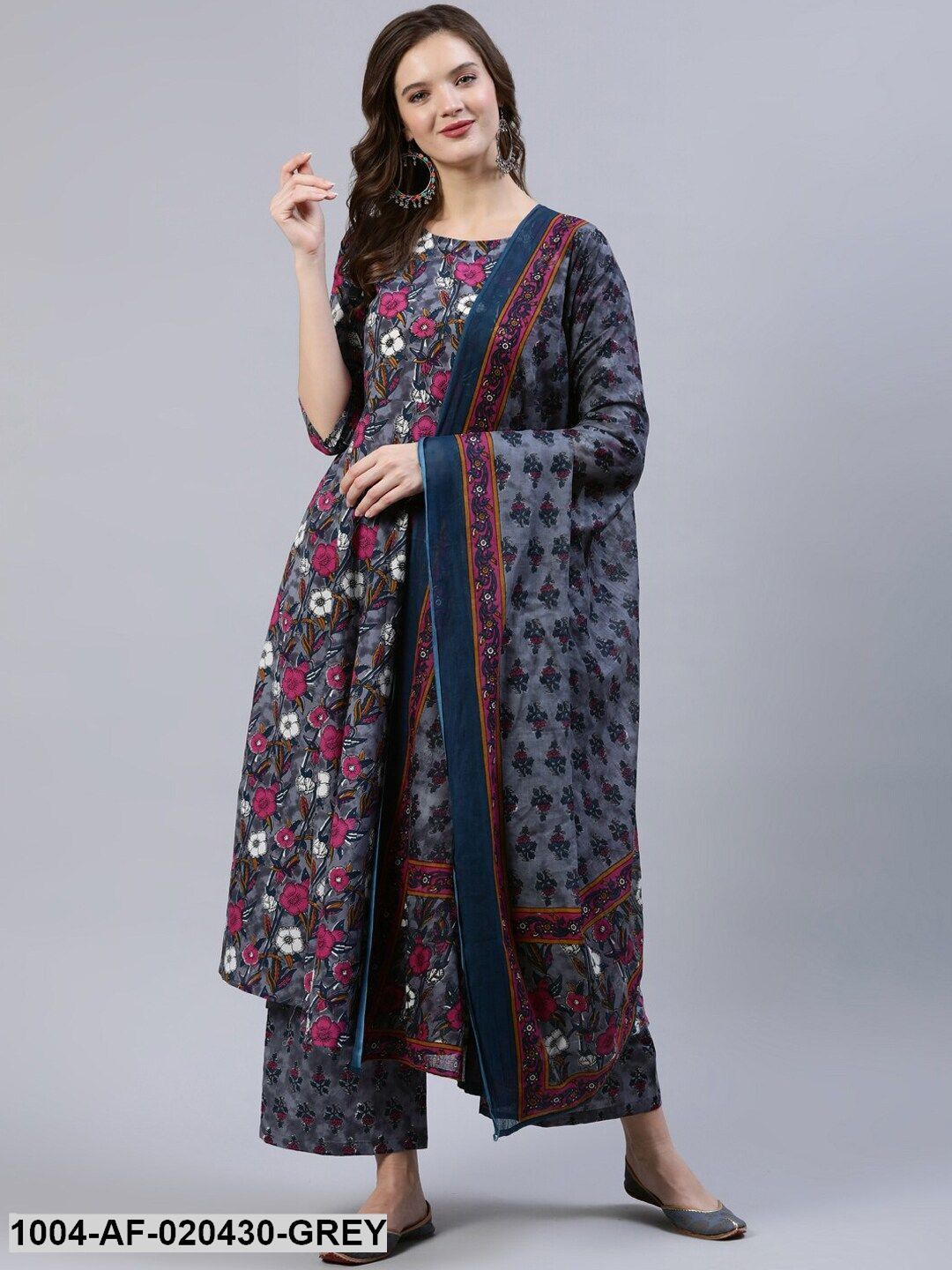 Grey Floral Printed Pleated Floor Length A-Line Pure Cotton Kurti & Palazzos