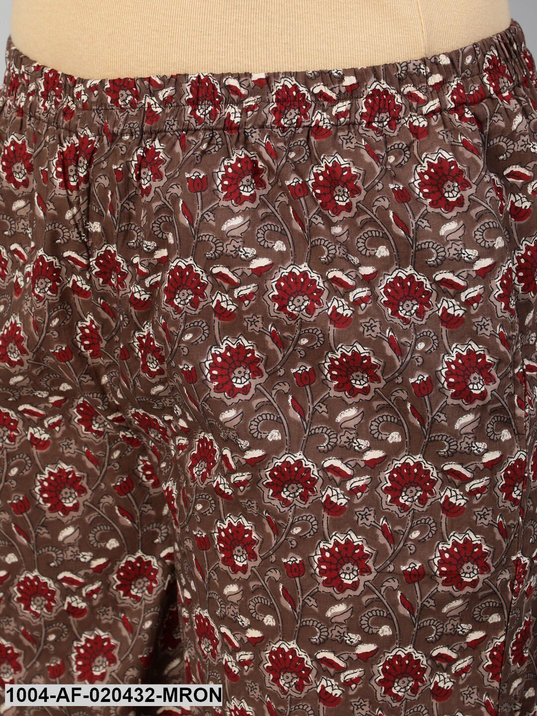 Plus Size Maroon Floral Printed Pure Cotton Kurta with Palazzos & Dupatta