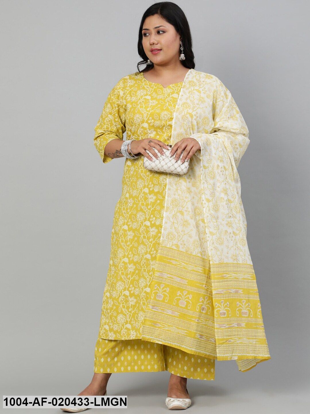 Plus Size Lime Green Ethnic Motifs Pure Cotton Kurta with Palazzos & Dupatta