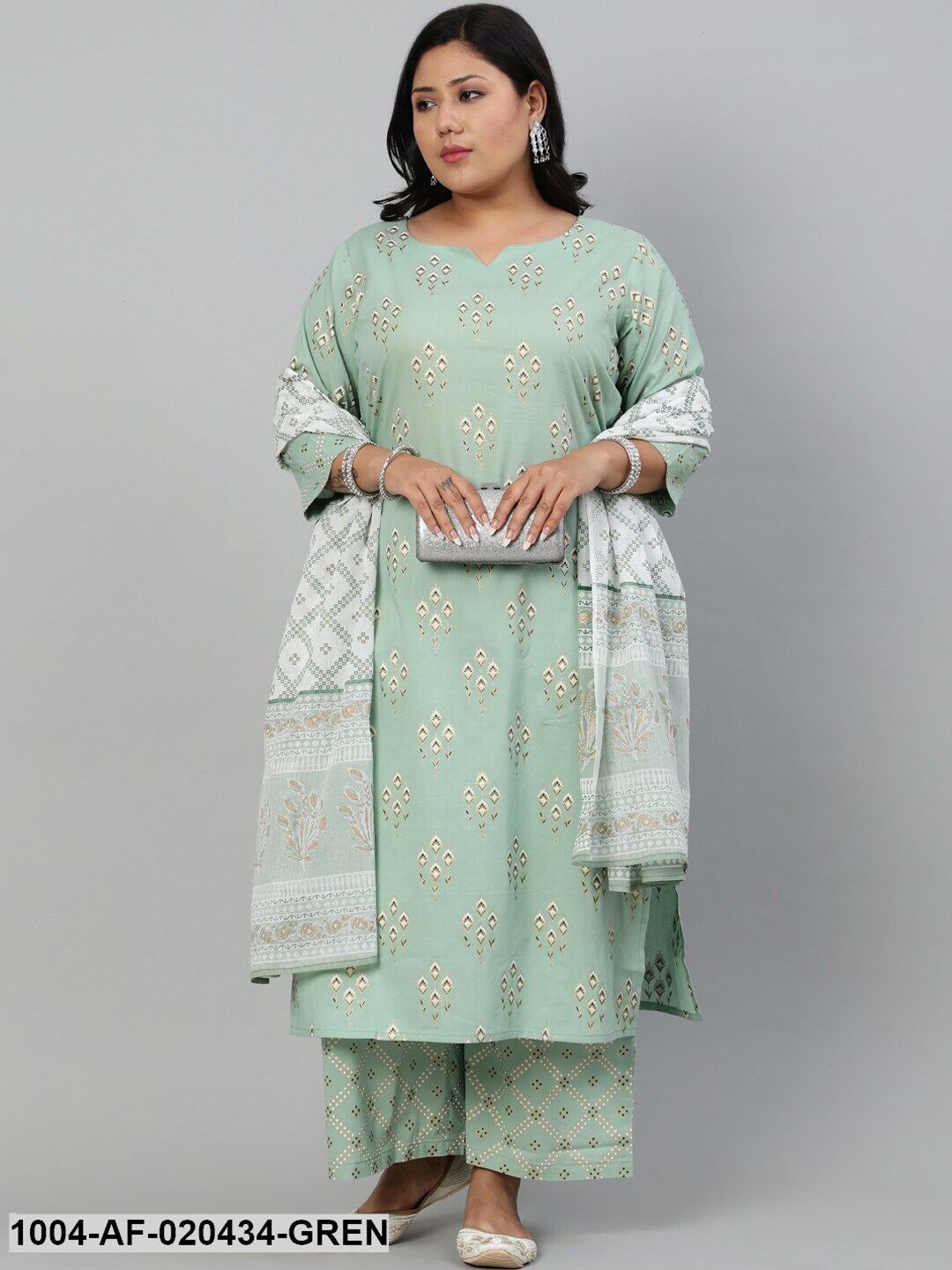 Plus Size Green Ethnic Motifs Printed Pure Cotton Kurta with Palazzos & Dupatta