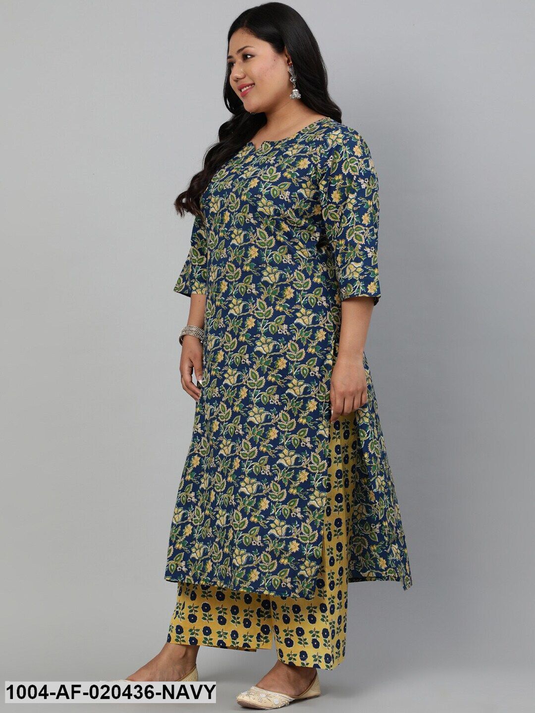 Plus Size Navy Blue Ethnic Motifs Pure Cotton Kurta with Palazzos & Dupatta