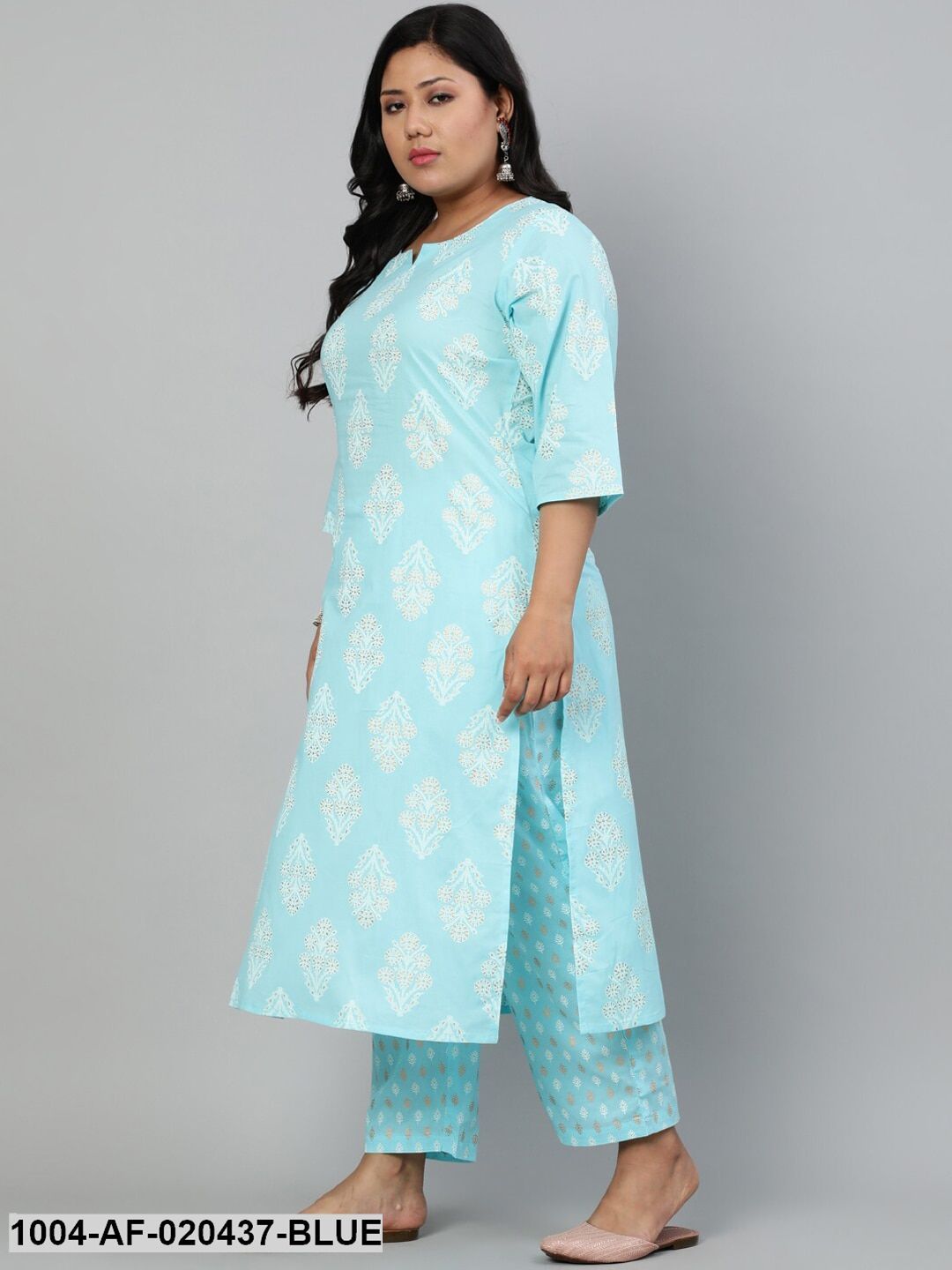 Plus Size Blue Ethnic Motifs Printed Pure Cotton Kurta with Trousers & Dupatta